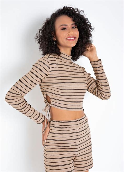 Cropped Listrado Nude Amarração Lateral Queima de Estoque