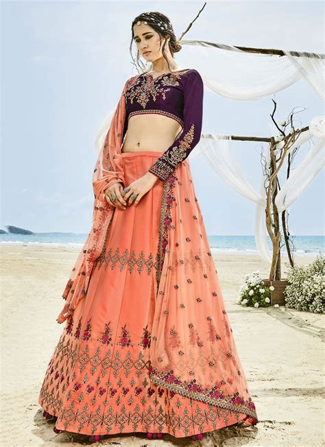 Buy Peach And Wine Color Silk Wedding Lehenga In Uk Usa And Canada