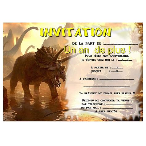 cartes invitation anniversaire dinosaure par 12 avec enveloppes réf 303