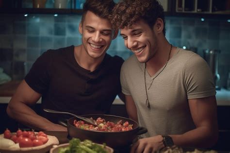 Feliz E Sexy Jovem Casal Gay Cozinhando Juntos Em Casa Foto Premium