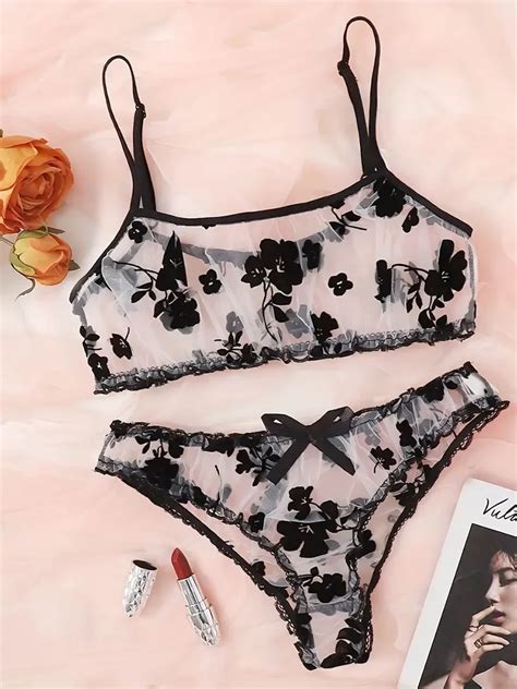 Sexy Floral Print Mesh Lingerie Set Sheer Tulle Bra Panties For Women Seductive Underwear