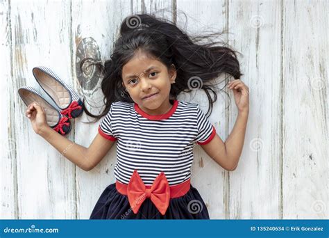 Beautiful Brunette Girl With Striped Dress Stock Photo Image Of Casual Cheerful