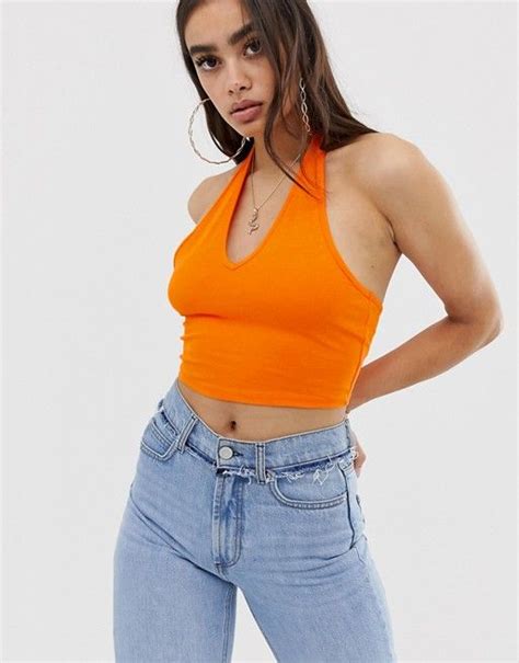 Asos Design Crop Top With Halter Neck In Orange Crop Top Outfits Crop Tops Tops