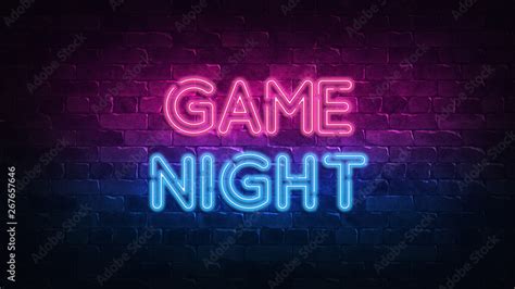 Game Night Neon Sign Purple And Blue Glow Neon Text Brick Wall Lit By Neon Lamps Night