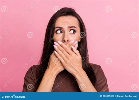 Photo Of Terrified Speechless Person Arms Cover Mouth Look Empty Space