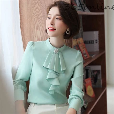 Fashion Elegant Green Long Sleeve Formal Ol Styles Blouses And Shirts