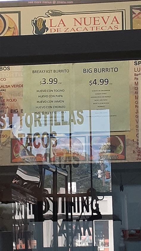 Carta Del Restaurante Tortilleria La Nueva Zacatecas Fort Worth