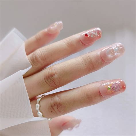 Okk Nail Art Hand Painted Cute Nude Bling Pink Christmas Fake Nails Xing Tuo Biotech