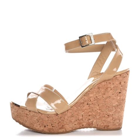 Jimmy Choo Patent Cork Papyrus Platform Wedge Sandals Nude Fashionphile