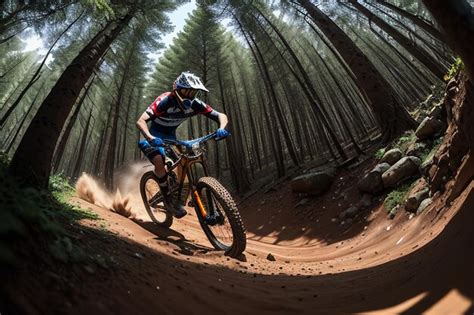 Premium AI Image | A mountain biker rides through a forest with trees in the background.