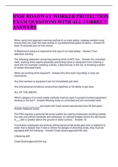 BNSF ROADWAY WORKER PROTECTION EXAM QUESTIONS WITH ALL CORRECT ANSWERS