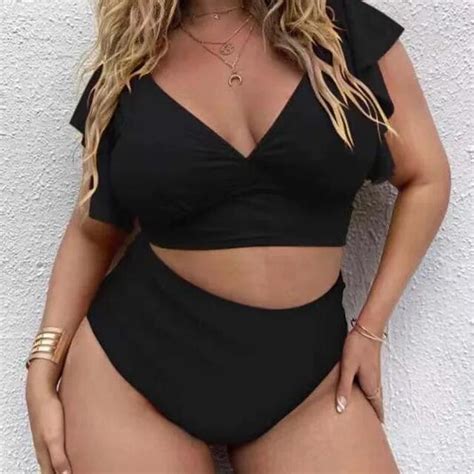Plus Size Ruffle Sleeves High Waist Bikini Womens V Neck Push Up Large Size Swimsuit Mujer