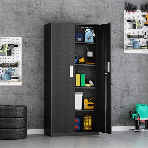 Heavy-Duty Black Metal Storage Garage Cabinet with Lockable Doors, 4 Removable Adjustable ...