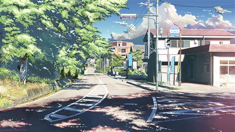 Anime Landscape, Road, Buildings, Trees, Sunshine, Town Scenery Anime
