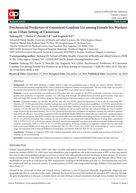 PDF Psychosocial Predictors Of Consistent Condom Use Among Female Sex Workers In An Urban