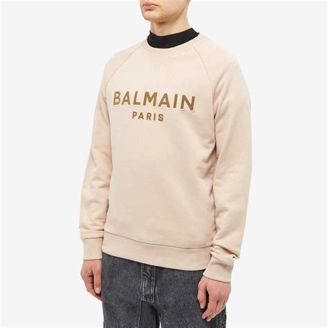 Balmain Men S Flock Foil Paris Logo Crew Sweat In Nude Taupe Balmain