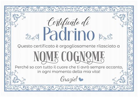 Certificato Padrino Battesimo Attestato Diploma Ringraziamento Padrino