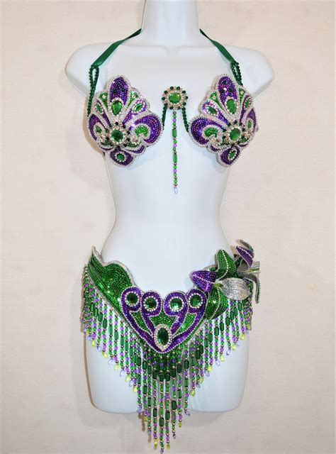 Samba Bra Bikini Necklace Collar Green Purple Silver Belly Dance Rio Carnival Cabaret Show