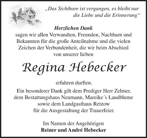 Traueranzeigen Von Regina Hebecker M Rkische Onlinezeitung Trauerportal