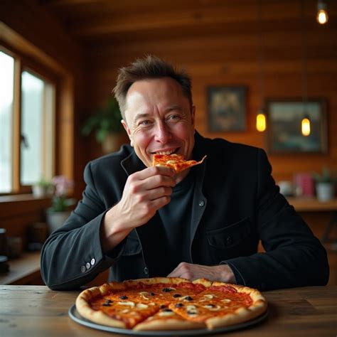 elon musk enjoys  slice  pizza  cozy cabin se ai art