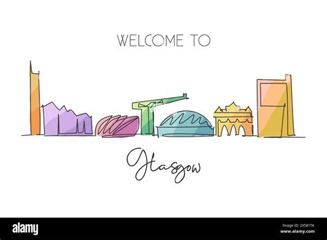 One Continuous Line Drawing Of Glasgow City Skyline Scotland