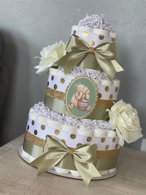 Gender Neutral Classic Pooh Inspired Diaper Cake Greej And Gold Classic