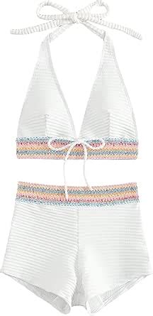 Amazon Wdirara Women S Halter Textured Swim Shorts Bikini Set Piece Cheeky Bottom