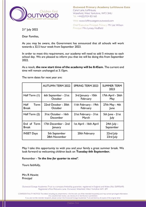 Changes To The School Day Outwood Primary Academy