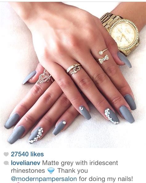 Matte Gray Nails With Rhinestones From Liane Valenzuela Instagram