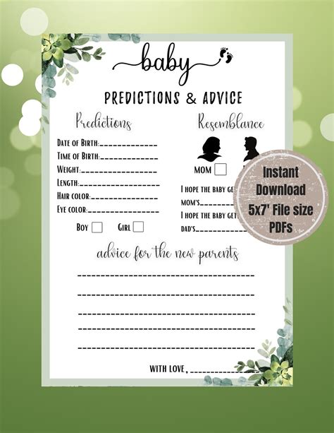 Baby Predictions And Advice Baby Shower Game Printable Baby Shower Game