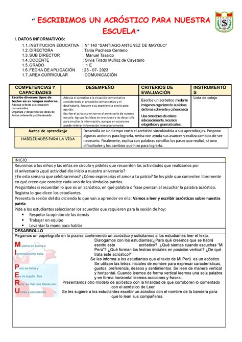 25 07 Sesión Escribimos Acrosticos ESCRIBIMOS UN ACRÓSTICO PARA