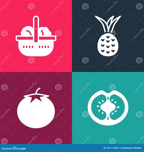 Set Pop Art Tomato Pineapple And Basket And Food Icon Vector Stock