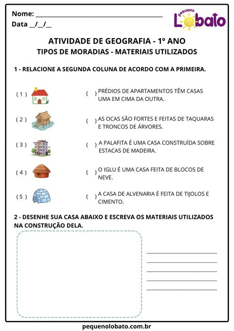 Atividades de Geografia 1º Ano – Tipos de Moradia e Objetos do Dia a ...