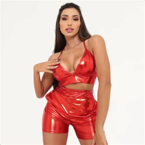 Cropped E Short Metalizado Bojo Hot Pants Bloquinho Top Mercadolivre