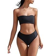 Amazon Zaful Women Strapless Ribbed High Cut Bandeau Bikini Lace Up Pieces Swimwear