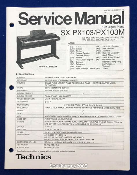 Original Technics Pcm Digital Piano Service Manual Sx Px103 Px103m