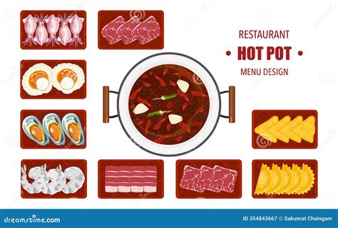 Vector Set Of Shabu Food Hot Pot And Various Spices Hot Soup And Boiled Vegetables In A Hot