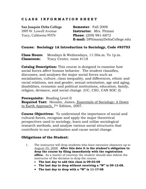 Classinformationsheet San Joaquin Delta College