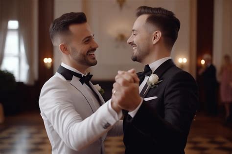 Premium AI Image Smiling Gay Couple Dancing On Their Wedding Day