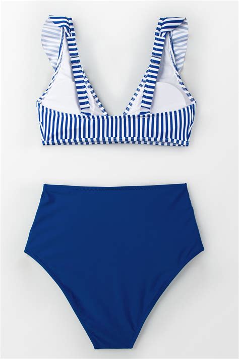 Blue Striped And High Waisted Bikini