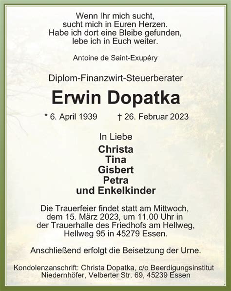 Traueranzeigen Von Erwin Dopatka Trauer In Nrw De