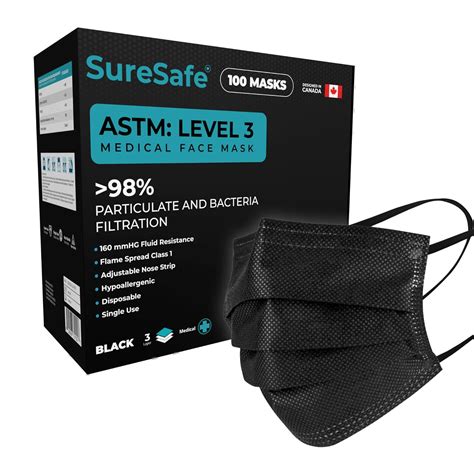 SureSafe 100 PCS ASTM Level-3 Masks Disposable, Black face mask