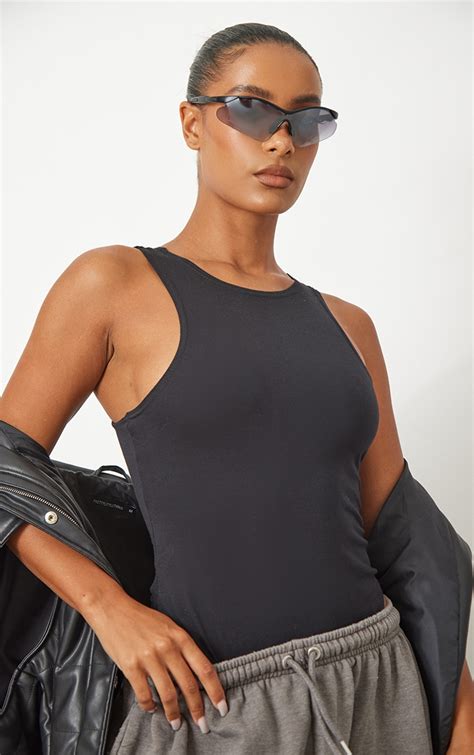 Black Basic Cotton Racer Bodysuit Tops Prettylittlething