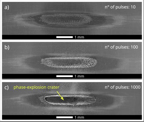 Ablated spots after irradiation with a) 10, b) 100, and c) 1000 pulses ...