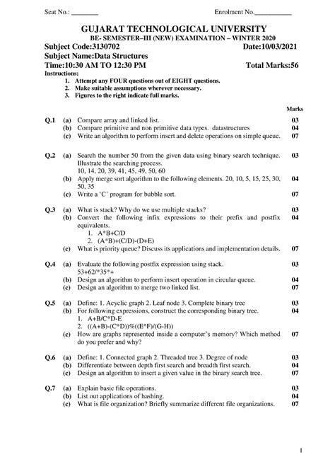 Dsa Question Paper 2020 1 Seat No Enrolment No Gujarat Technological