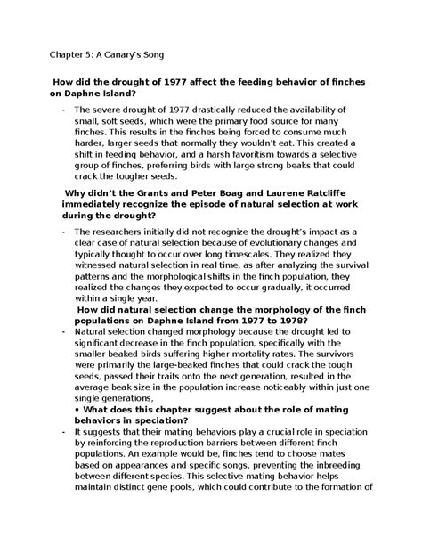 Beak of the finch chapter 5-6 - Chapter 5: A Canary’s Song How did the