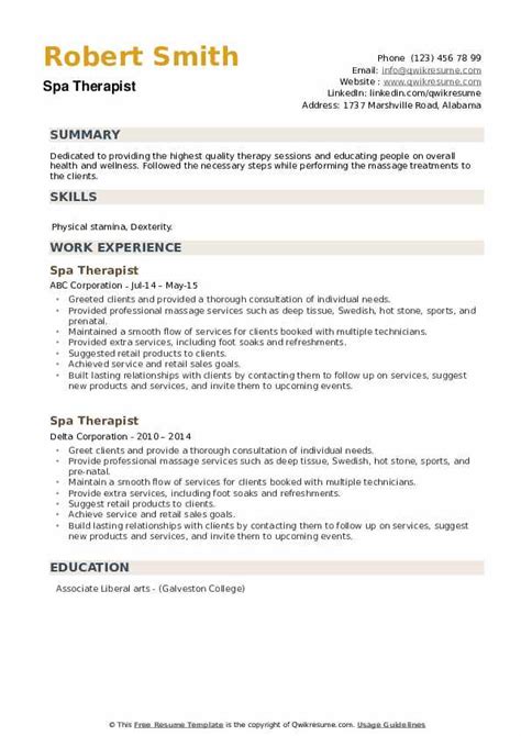 Spa Therapist Resume Samples Qwikresume