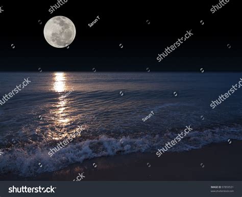 Romantic Tropical Beach Beautiful Full Moon Stock Photo 97859531