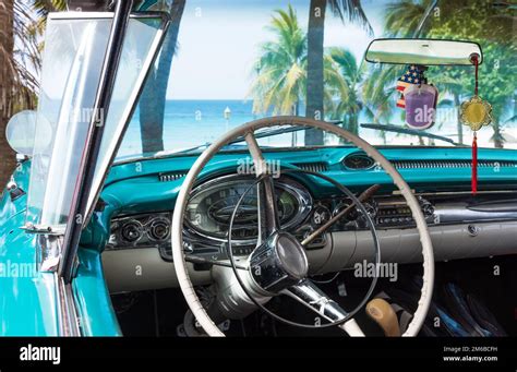 Cuba Blue Oldtimer Park Near The Beach In Havana Interior View Stock