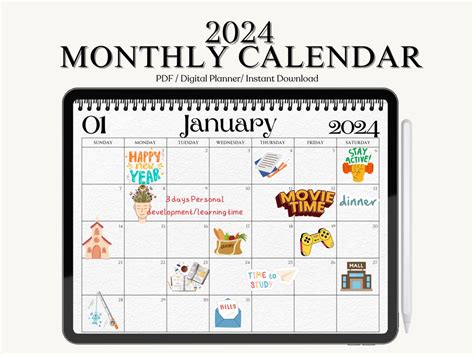 2024 Monthly Calendar Monthly Digital Planner Calendar Planner ...